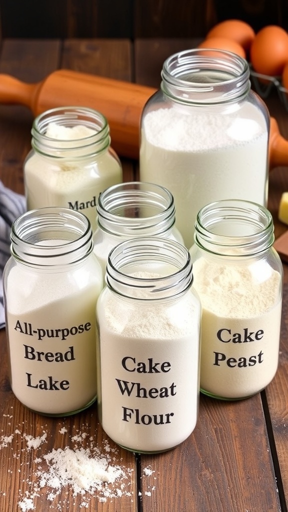 Different types of flour in jars on a wooden table with baking ingredients.